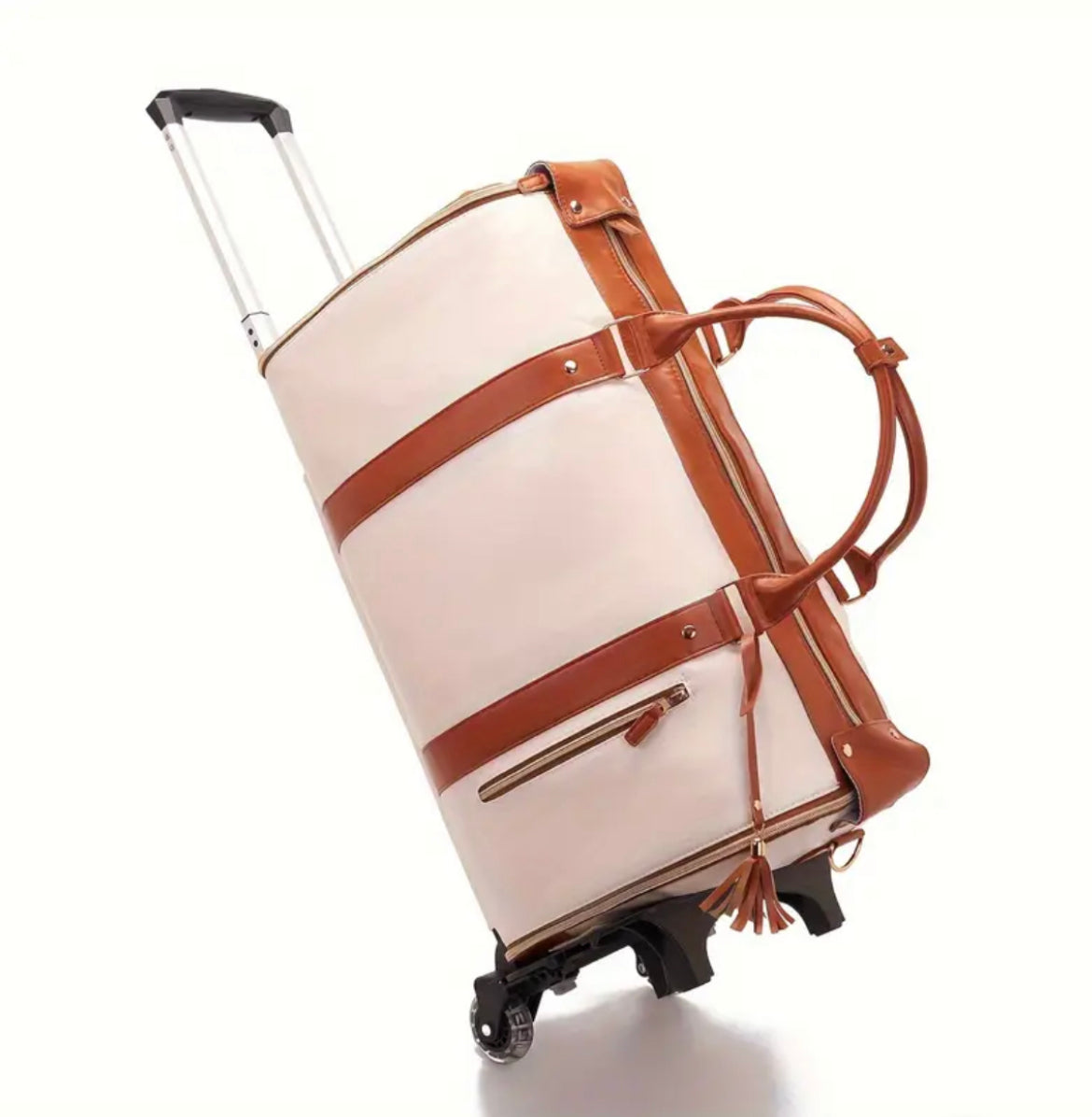 Beige suitcase with brown leather straps