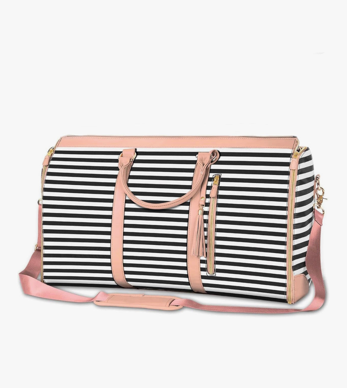 Black and white striped bag with pink accents