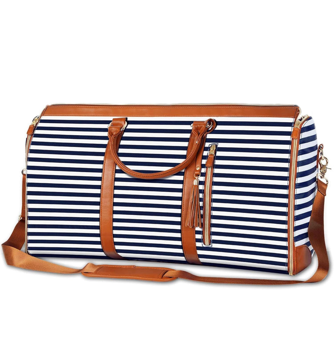Navy and white striped duffel bag with brown leather straps